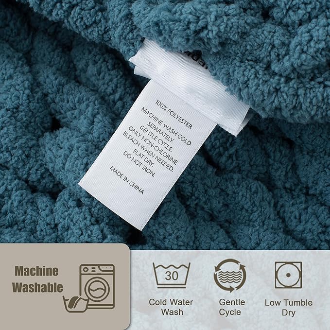 Chunky Knit Throw Blanket 50"X 60", 100% Handmade with Soft Chenille Yarn, 4.4lbs Thick Cable Knitted Blankets, Large Rope Knot Crochet Throws for Couch Sofa Bed Home Decor, Mineral Blue