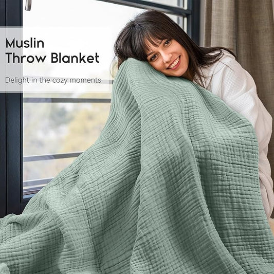 Yoofoss Muslin Blanket 100% Cotton Throw Large 50" x 60" for Bed Couch Summer Gauze Blanket for Adults Lightweight and Breathable Dark Green