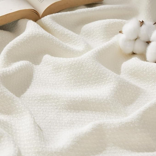 Bedsure 100% Cotton Large Throw Blanket for Couch 50x70 inches - Breathable and Lightweight, Soft Cozy Herringbone Woven Blanket for Summer Spring, Ivory