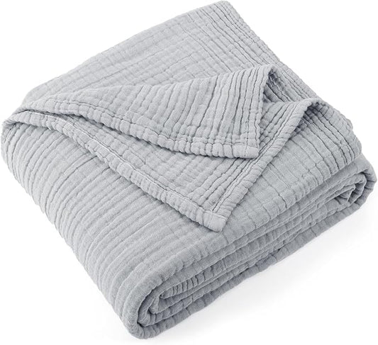 Carriediosa 100% Cotton Muslin Throw Blanket 66" X 90" Twin XL Size，4-Layers Summer Gauze Throws for Bed Couch，Soft Lightweight Breathable Linen Blankets Bedspread for Adults All Season，Grey