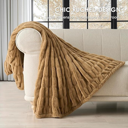 EVERGRACE Luxurious Soft Faux Rabbit Fur Throw Blanket, Cozy Fuzzy Plush Warm Throws for Couch Bed Sofa Chair Home Decor, Ruched Bubble Fluffy Blanket with Reversible Velvet, 60" x 80", Camel