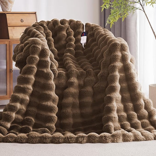 Heated Blanket Throw with 1/2/4/6/8 Hours Auto-Off 10 Heat Level, 62'' * 84'' Cozy Faux Rabbit Fur Bubble Electric Blanket with Overheat Protection(Brown)