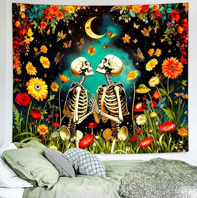 Delur Floral Skeleton Lovers Tapestry Gothic Romantic Skull Vintage Flower Plant Tapestry Wall Hanging Abstract Mushroom Moon Garden Headboard for Bedroom Living Room Home Decor (70.8" x 92.5")