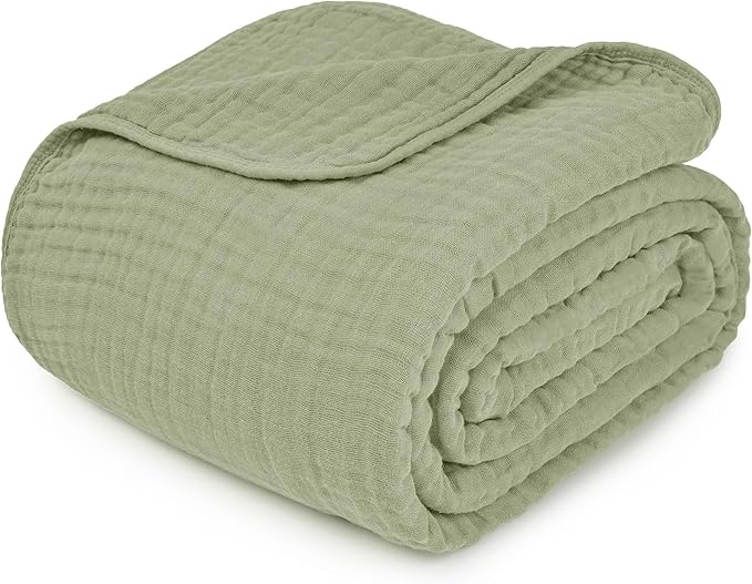 Comfy Cubs Muslin Throw Blanket - 50” x 60” Quilted Design - Lightweight, Breathable 6-Layer Gauze Fabric - Soft Cotton Blanket for Home or Travel - Packaged in Elegant Gift Box - Sage