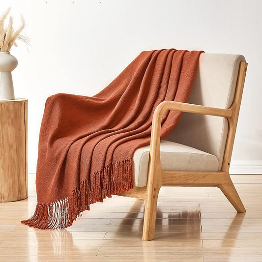CozeCube Rust Throw Blanket for Couch, Boho Blanket with Fringe Tassel, Lightweight Fall Throw for Bed, Living Room Outdoor, Gift, Rust Orange, 60"x80"
