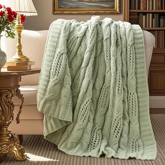 Amélie Home Chunky Knit Chenille Throw Blanket, Breathable Cable Knitted Blanket for Couch, Farmhouse Decorative Throw for Sofa Chair Bed, 60"x80", Sage Green