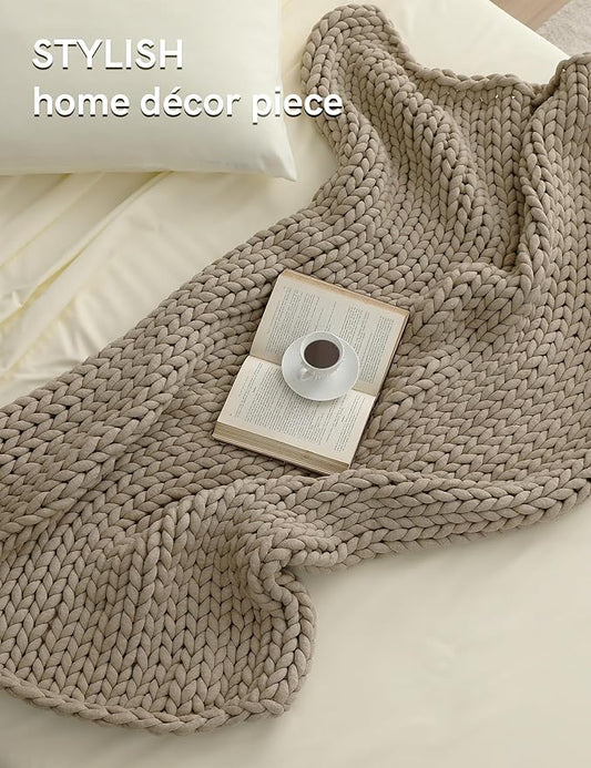 YnM Chunky Throw Blanket, Medium-Weight, Hand Knitted, Skin Friendly, Ventilated and Breathable, Machine Washable, Home Décor Piece for Couch, Sofa and Bed (Beige, 50x70 Inch)
