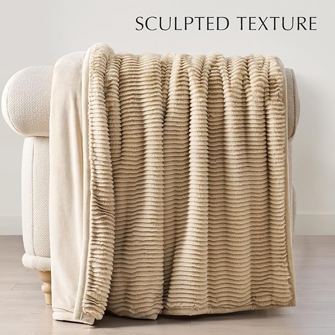 Ultra Soft Faux Fur Throw Blanket for Couch, Luxury Sculpted Texture Faux Rabbit Fur Blanket for Bed, Fluffy Thick Plush Warm Fuzzy Throw, 920GSM (Beige, 60''x80'')