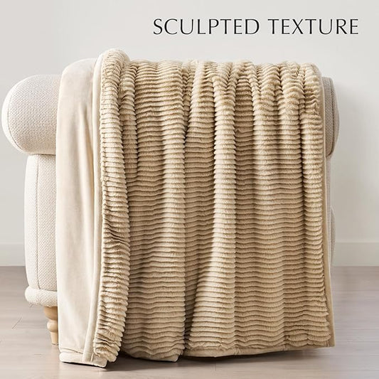 Ultra Soft Faux Fur Throw Blanket for Couch, Luxury Sculpted Texture Faux Rabbit Fur Blanket for Bed, Fluffy Thick Plush Warm Fuzzy Throw, 920GSM (Beige, 60''x80'')
