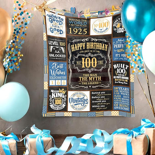 100th Birthday Blanket 60 x 50 inch - Gifts for 100 Year Old Man - 100th Birthday Gifts for Men -100th Birthday Gift Ideas for Dad, Grandpa - 100th Birthday Decorations