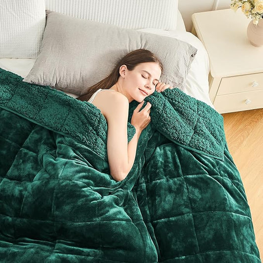 Cottonblue Weighted Blanket 15lbs for Queen Ded - Ultra Soft, Cozy Comfort Sherpa Blanket for Relax and Sleep, Heavy Bed Blankets with Cemaric Beads, 60x80 Inches,Green