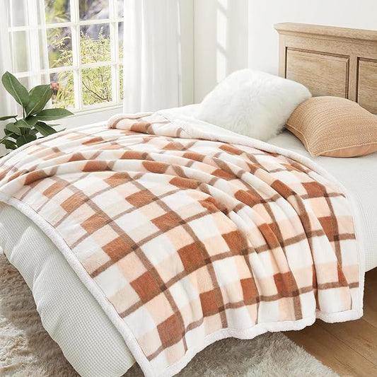 PU MEI Super Soft Faux Rabbit Fur Sherpa Fleece Throw Blanket, Reversible Luxury Cozy Cute Furry Blanket, Plush Warm Shaggy Fluffy Checkered Blankets for Sofa Couch Bed (Beige-Plaid, 60" x 80")