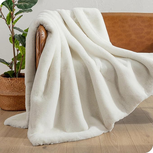 Bare Home Faux Fur Blanket - Ultra-Soft Luxurious - Cozy Warm Blanket for Couch, Sofa, Chair, Bed - Fuzzy Fluffy Super Soft - Decorative Bed Blanket, 80x60 inches (Oversized, White)