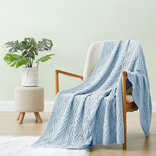 Aormenzy Light Blue Cable Knit Throw Blanket, Soft & Warm Knitted Blanket Throw for Couch Bed Sofa Living Room, 50 x 60 inch