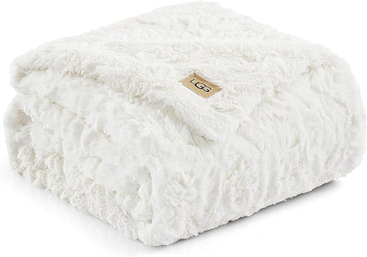 UGG Adalee Faux Fur Throw Blanket Luxury Lightweight Cozy Soft Throw for Couch Bed or Chair Hypoallergenic Machine Washable Double-Sided Fluffy Blanket Home Decor, 50-inch x 70-inch, Natural White