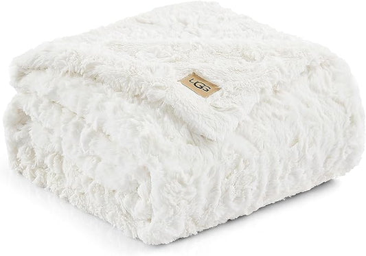 UGG Adalee Faux Fur Throw Blanket Luxury Lightweight Cozy Soft Throw for Couch Bed or Chair Hypoallergenic Machine Washable Double-Sided Fluffy Blanket Home Decor, 50-inch x 70-inch, Natural White