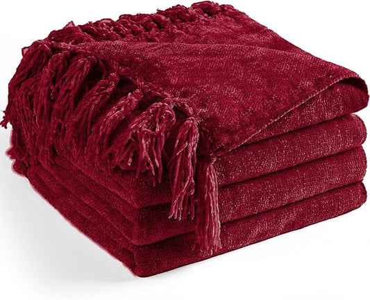 Chenille Throw Blanket for Couch 60"X 80" Twin, Soft Cozy Throws with Fringe Tassel for Bed Sofa Chair, Lightweight Knitted Decorative Farmhouse Boho Blankets for Gift, Red