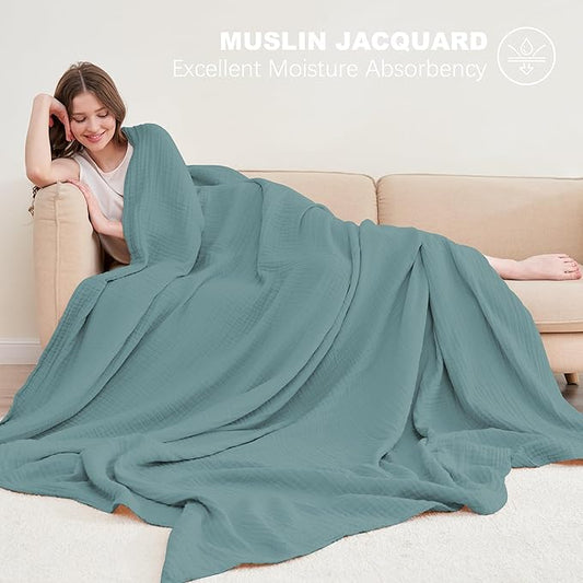 Cosy Family 6 Layer Muslin Bed Blanket - Breathable and Lightweight Gauze Boho Blanket for Spring, Soft 100% Cotton Muslin, Green, 55x80 Inches