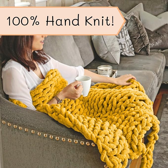 Adyrescia Chunky Knit Blanket Throw | 100% Hand Knit with Jumbo Chenille Yarn (40"x50", Harvest Yellow)