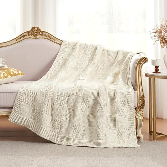 Amélie Home Chenille Knit Throw Blanket for Couch, Checkered Texture Decorative Soft Blanket for Sofa, Bed & Living Room, 60"x80", Ivory