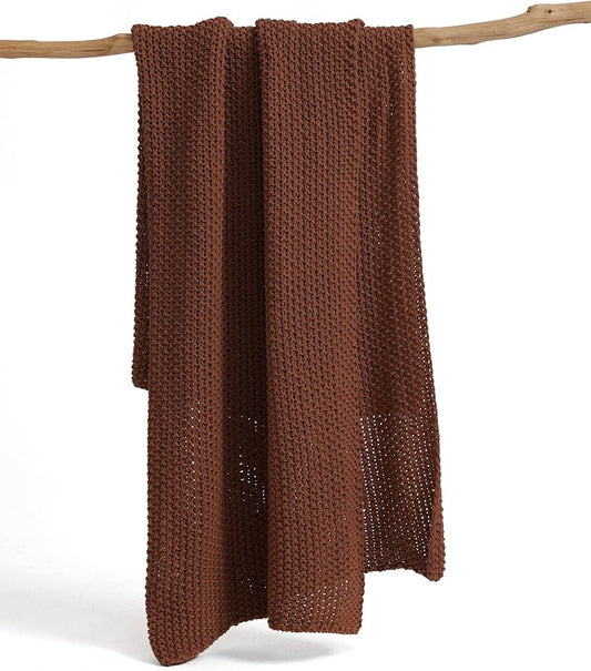 Chunky Cotton Knit Throw Blanket, Light Weight Cable Knit Throws for Bed Couch Sofa, Comfy & Relaxing, Decorative Piece for Farmhouse Rustic Scandinavian Chic Vibe, Toffee Brown 60x80 Inches