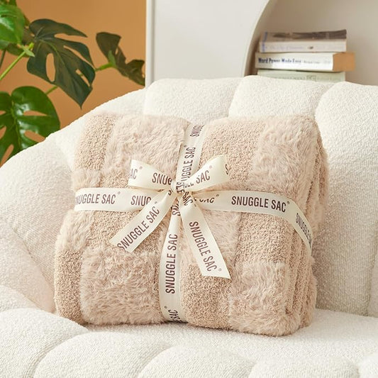 Snuggle Sac Checkered Throw Blanket Faux Fur Microfiber Blankets for Couch,Cozy Soft Warm Blanket for Sofa Bedroom Living Room,Solid Beige,60x80 inches