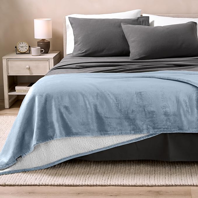 Bare Home Sherpa Fleece Blanket - Full/Queen Size - Blanket for Bed, Sofa, and Couch - Warm & Lightweight - Fluffy & Soft - Reversible (Full/Queen, Dusty Blue)