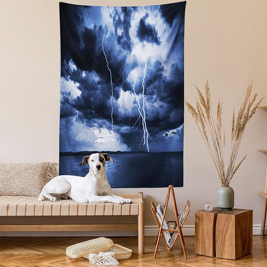 Ambesonne Nature Tapestry, Majestic Sky View with Huge Rain Clouds All Over The Sea and Vibrant Storm Rays Print, Wall Hanging for Bedroom Living Room Dorm Decor, 60" X 80", Blue