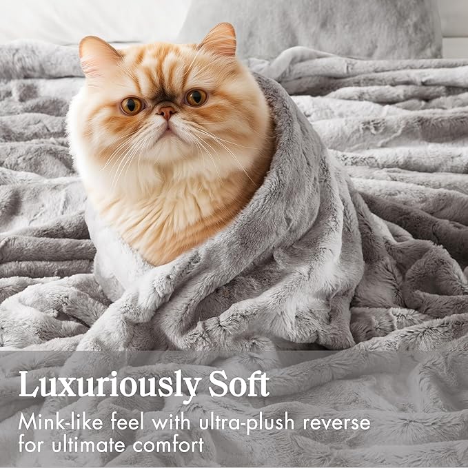 Zuri Ultra-Soft Poly Fur Blanket, Reversible Plush, All Season & Lightweight Fuzzy Blanket for Bed, Couch & Sofa, Twin/Twin XL, Grey