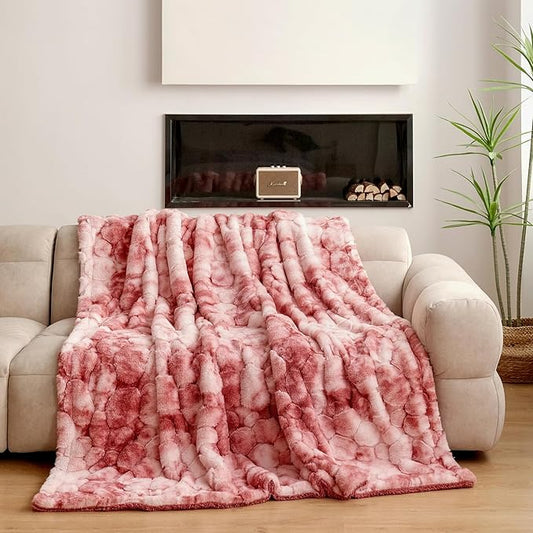 50x70 Inches Ultra-Soft Fuzzy Faux Fur Plush Throw Blanket - Thick, Warm Sherpa for Couch, Sofa, Bedroom, Camping - Decorative Blanket for Cozy Warmth,680 GSM Cloud Light Pink Tie Dye
