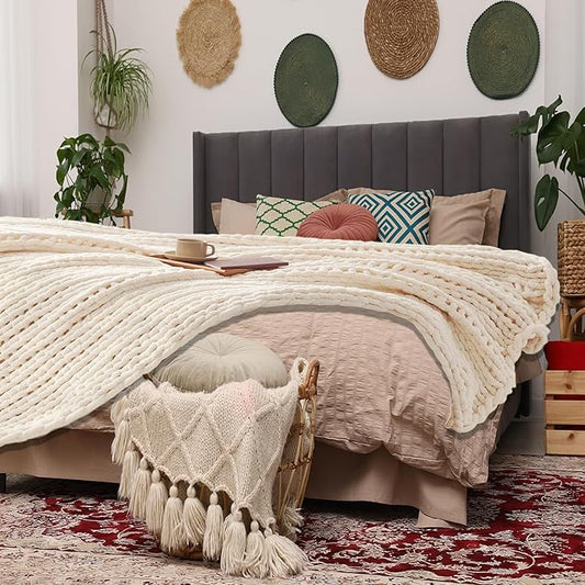 Cream White Throw Blanket, 50" x 60" Chunky Knit Blanket, Handmade Warm & Soft Chenille Throw Blanket, Washable Decorative Knit Blanket with Jumbo Chenille Yarn for Couch Bed Sofa