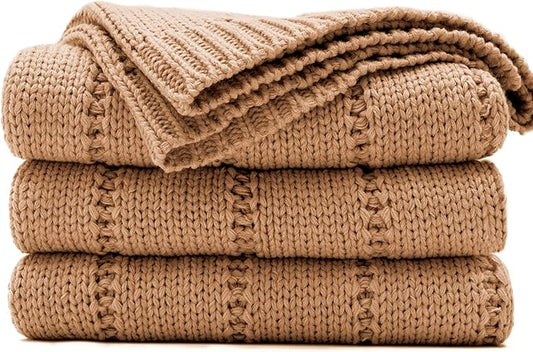 RECYCO Cable Knit Light Brown Throw Blanket for Couch, Super Soft Warm Cozy Decorative Knitted Throw Blanket 2.3LB for Bed, Sofa, Chair 50"x60"