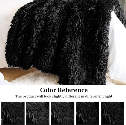 JONIYEAR Decorative Soft 2.8" Long Pile Fluffy Faux Fur Throw Blanket 50" x 60", Solid Luxury Fuzzy Plush Blanket for Couch Sofa Bed, Accent Cozy Shaggy Lightweight Blankets for Pet,Thick,Warm, Black