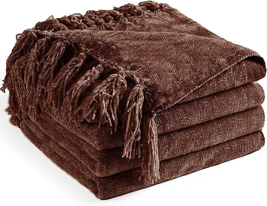 Chenille Throw Blanket for Couch 50"X 60", Soft Cozy Throws with Fringe Tassel for Bed Sofa Chair Cover, Lightweight Knitted Decorative Boho Blankets for Living Room, Dark Brown