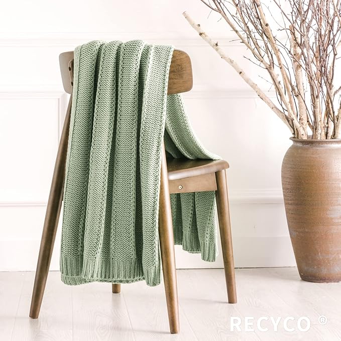RECYCO Cable Knit Sage Green Throw Blanket Twin Size for Couch, Super Soft Warm Cozy Decorative Knitted Throw Blanket 3.6LB for Bed, Sofa, Chair Large 60"x80"