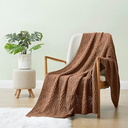 Aormenzy Brown Cable Knit Throw Blanket, Soft & Warm Knitted Blanket Throw for Couch Bed Sofa Living Room, 50 x 60 inch