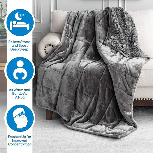 Weighted Blanket 12 lbs Queen Size, Flannel Shaggy Sherpa Weighted Blanket for Adults Comfortable Weighted Blankets for Calming and Relax, Bed Sofa Heavy Blankets, 60x80 inches, Grey