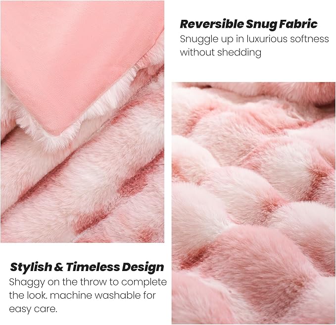 Touchat Luxury Faux Rabbit Fur Twin Blanket for Couch, Super Heavy Warm Cozy Throw for Sofa Bedroom Living Room, Ultra Soft Fluffy Reversible Plush Blankets for Home Decor Gifts, Tie-dye Pink