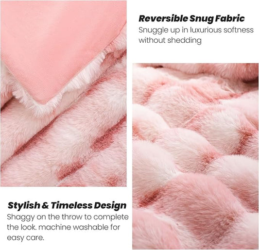 Touchat Luxury Faux Rabbit Fur Throw Blanket for Couch, Super Heavy Warm Cozy Blanket for Sofa Bedroom Living Room, Ultra Soft Fluffy Reversible Plush Blanket for Home Decor Gifts, Tie-dye Pink