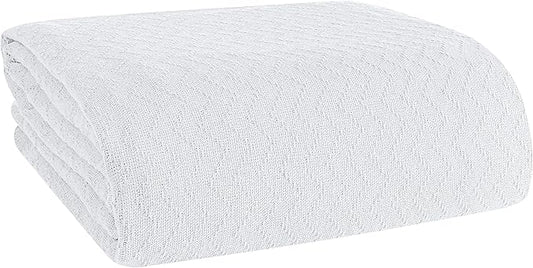 BELIZZI Home 100% Cotton Bed Blanket, Breathable Thermal Blanket Full - Queen Size, Soft Chevron Thermal Blanket 90"x90", Cotton Bed Blanket, Perfect for Layering Any Bed for All Season, White