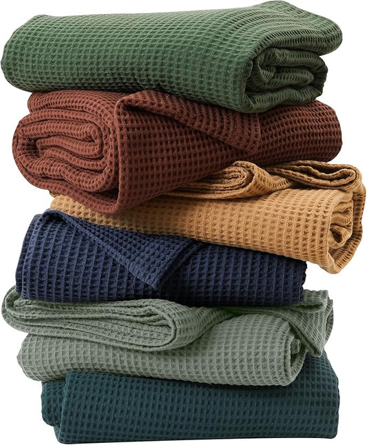 100% Cotton Blanket for Full Queen Size Bed - Green Waffle Weave Lightweight Summer Bed Blanket - 90x90in Prewashed Breathable, Woven, Layering Blanket (Full/Queen, Eucalyptus)