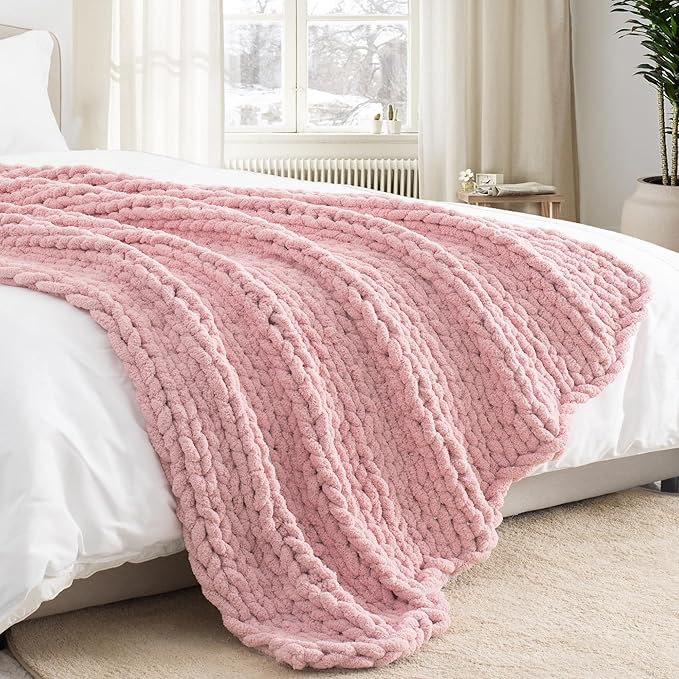 Chunky Knit Throw Blanket 50"X 60", 100% Handmade with Soft Chenille Yarn, 4.4lbs Thick Cable Knitted Blankets, Large Rope Knot Crochet Throws for Couch Sofa Bed Home Decor, Dusty Pink