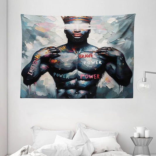 Ambesonne Artwork Tapestry, Oil Painting Effect Print of a Black Man with Crown Brave Power, Wide Wall Hanging for Bedroom Living Room Dorm, 80" X 60", Dark Blue Grey and Multicolor