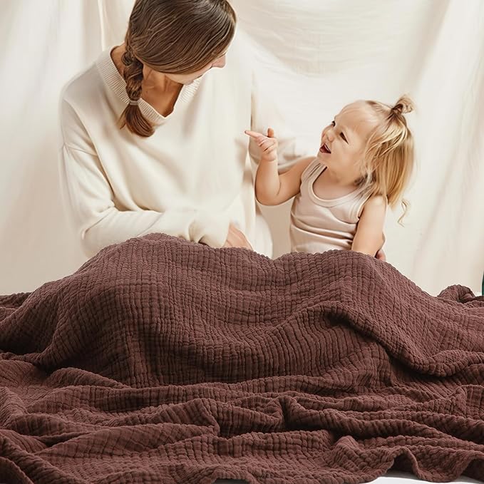 Carriediosa 100% Cotton Muslin Throw Blanket 70" X 80" Twin Size，4-Layers Summer Gauze Throws for Bed Couch，Soft Lightweight Breathable Linen Blankets Bedspread for Adults All Season，Dark Brown