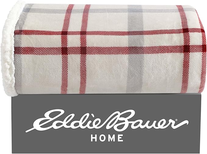 Eddie Bauer - Throw Blanket, Reversible Sherpa Fleece Bedding, Home Decor for All Seasons (New Castle Red, Throw)