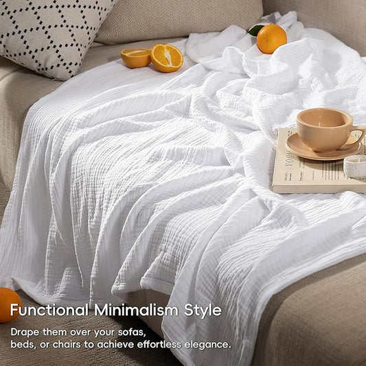 PHF 100% Cotton Muslin Blanket Twin Size 66" x 90", 4-Layer Lightweight and Breathable Blanket for Summer, Luxuriously Soft Gauze Bedding for Bed, Natural Minimalism Style, Ideal Gift, White