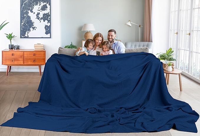 Utopia Bedding Navy 100% Cotton Waffle Blanket 300 GSM [Big - 120x120 Inch] Soft Lightweight Breathable Bed Blanket for All Season
