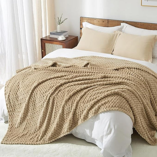 PHF Ultra Soft Flannel Fleece Blanket Twin Size, Lightweight 3D Jacquard Fleece Blanket, No Shedding, No Pilling, Luxury 340GSM Fluffy Cozy Bedding for Bed Room Decor, 66"x90", Camel/Light Khaki