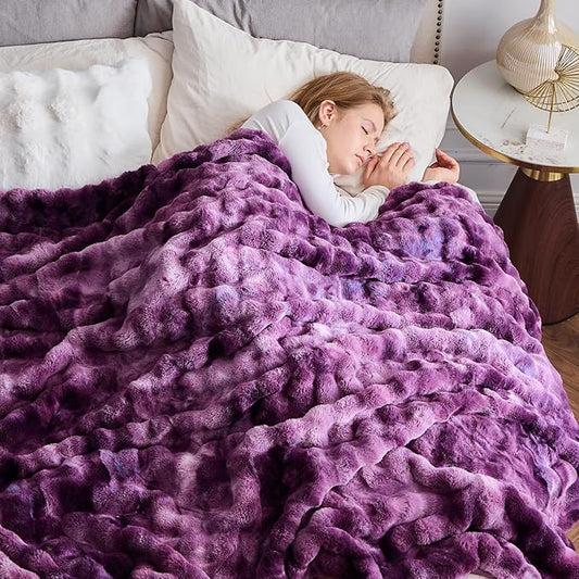 NEWCOSPLAY Faux Fur Twin Blanket Tie-dye Violet Purple Luxury Fluffy Thick Warm Bubble Blanket for Couch Sofa Bed 700GSM (Tie-dye Violet Purple, Twin(60"x80"))
