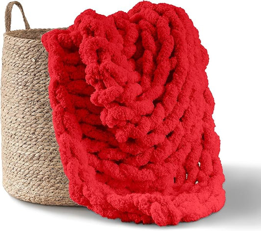 Adyrescia Chunky Knit Blanket Throw | 100% Hand Knit with Jumbo Chenille Yarn (50"x60", Ruby Red)
